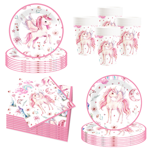 Decoraciones de Cumpleaños de Unicornio DAMAI, 32 Piezas, Platos, Servilletas y Vasos de Unicornio, Vajilla de Arcoíris Pastel para Fiesta de Unicornio para Niñas - Product Image 1