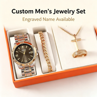 Ensemble de bijoux pour homme personnalisé, montre de luxe, bracelet à maillons cubains, collier avec croix, bague, 4 pièces, coffret cadeau d'affaires, pour lui, Noël