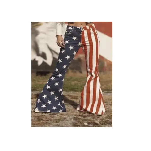 Latest update pre-order 4th of July clothing women adult stars stripes trousers fashion girls flare pants