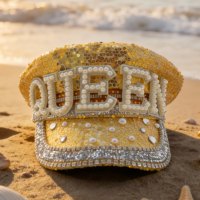 En stock, chapeau de capitaine en sequins dorés, perles et strass, chapeau de fête scintillant pour le festival Burning Man