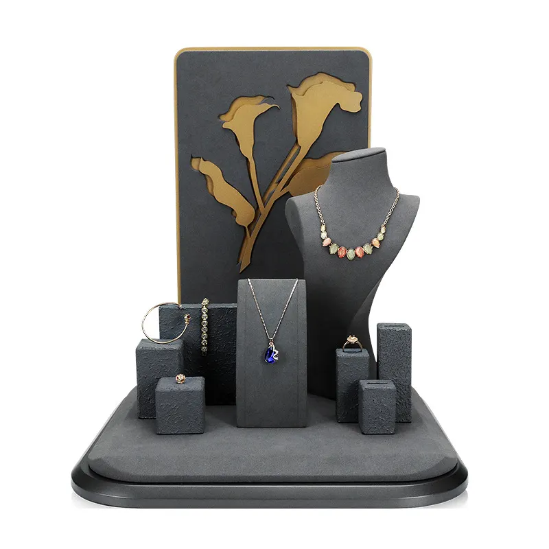 Velluto grigio negozio di lusso collana braccialetto fiore Design negozio vetrina finestra gioielli Stand busto Display Set