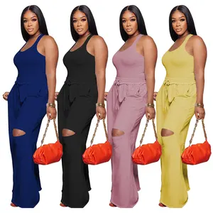 Women Fashion Clothing Jumpsuit and Ripped Wide-Leg Pants Two Piece Sets Lady Outfits