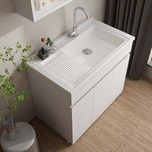 Stainless Steel <b>Floor</b> Standing Laundry Sink With Washboard White <b>Cabinet</b> <b>Bathroom</b> Vanity Double Hole Faucet Opening - Product Image 3