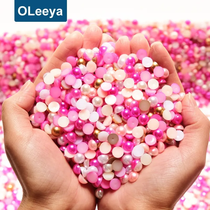 حبات لؤلؤ مسطحة من البلاستيك ABS الملونة من Oleeya, لؤلؤ تقليد نصف دائري لصناعة المجوهرات