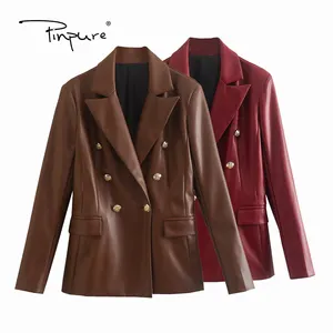 R31083S Women 2023 Solid Faux Leather Blazer Female Long Sleeve Elegant Jacket Ladies Thick Blazer Suits Double breasted Blazers