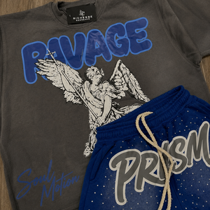 Conjunto de dos piezas de verano estilo streetwear con lavado ácido personalizado y pedrería, compuesto por camiseta gráfica estampada de corte holgado y pantalón corto. - Product Image 2