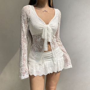 Cárdigan de Mujer con Encaje y Lazo Transparente, Ligero, Informal, Versátil, de Manga Larga para Verano - Product Image 4