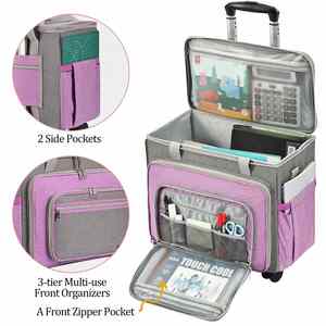 <b>Canvas</b> Foldable Sewing Machine Carrying Case with Detachable <b>Rolling</b> Wheels Zipper Closure Multi Storage Pockets Purple - Product Image 4