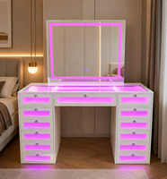 Grande coiffeuse cosmétique blanche glamour avec miroir LED et éclairage intégré, meuble de chambre à coucher