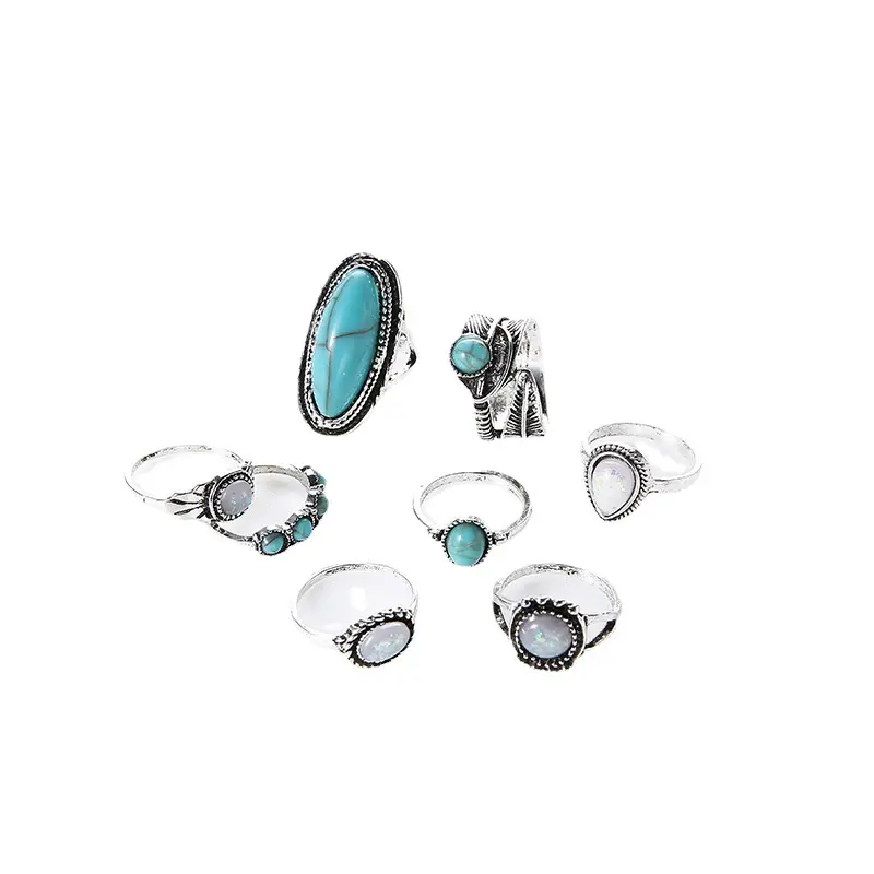 Ethnic retro turquoise carved feather ring, fashionable and personalized 8-piece combination ring set
