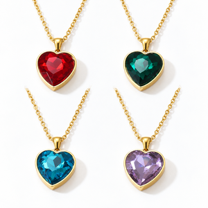 Collier en zircon en forme de cœur, acier inoxydable, plaqué or 14 carats sous vide, pendentif facetté rouge, bleu, vert, violet - Product Image 1