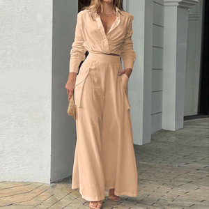 Conjunto de Dos Piezas para Mujer, Camisa Casual de Manga Larga o Corta de Color Sólido y <span class=keywords><strong>Pantalones</strong></span> de Pierna Ancha de Cintura Alta - Product Image 1