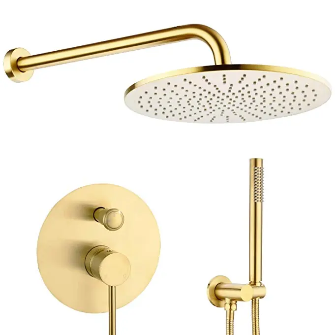 Round Bathroom Luxury Rain Mixer Set Wall Mounted Rainfall Shower Head System Brushed Gold Faucet Rough-ValveでBodyとTrim