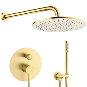 Round Bathroom Luxury Rain Mixer Set Wall Mounted Rainfall Shower Head System Brushed Gold Faucet Rough-ValveでBodyとTrim