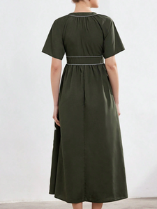 Vestido Casual Maxi de Verano 2025, Elegante, Bordado, Manga Corta, Cintura Natural, Verde Oscuro, 100% Algodón Tejido para Mujer - Product Image 2