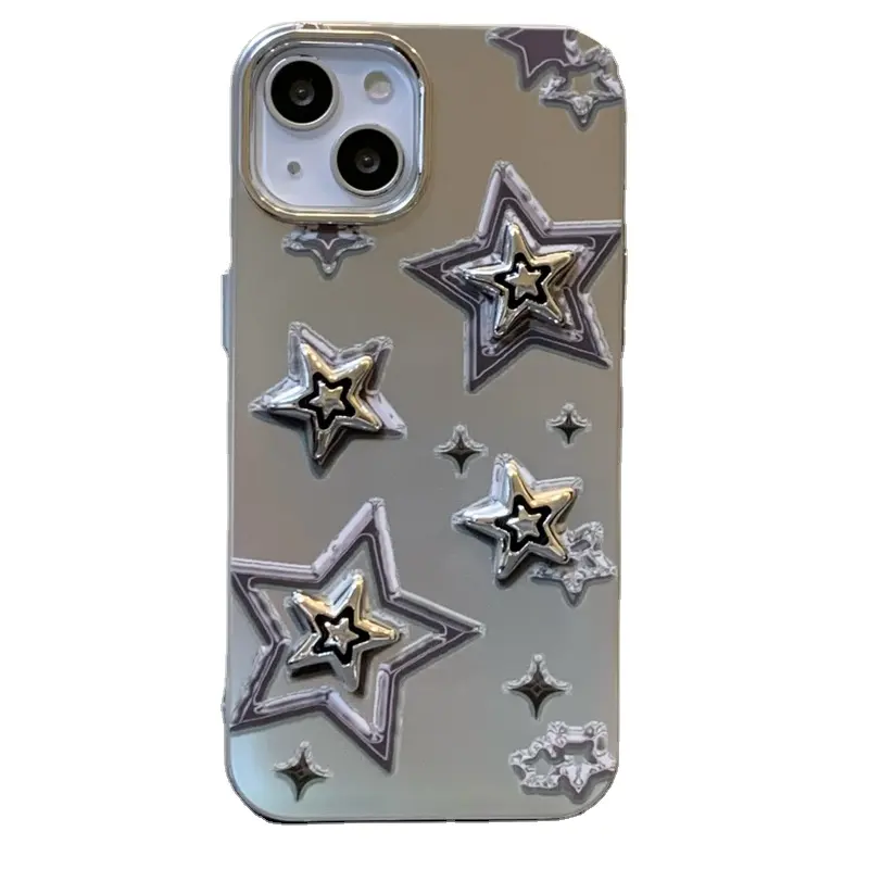 Korea INS Gradient 3D Star Case For iPhone 15 14 13 11 Pro Max New Stylish Silver Girl Back Phone Cover Electroplated Soft Shell