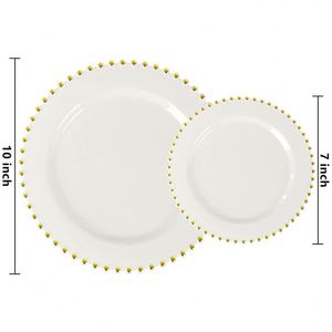 Gold Beaded Rim <b>Plastic</b> Dinner Plate 10.5 Inch Clear White Round Underplates Bulk Reusable Party Tableware for Banquets - Product Image 2