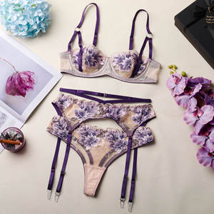 Completo Intimo Ricamato Floreale Viola Scuro 2026 con Spalline Regolabili, in Rete Trasparente e Pizzo Sexy da Donna con Scollatura Profonda - Product Image 6