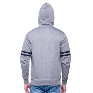 Men's Gray <b>Hooded</b> <b>Zip</b>-Up Sweatshirt Regular Fit Casual Autumn Knitted Cotton Solid Color Striped Sleeves - Product Image 2