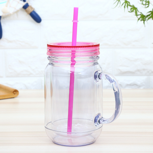 Phong Cách Mới 20Oz Sáng Tạo Chai Nước Bằng Nhựa Đôi Tường Acrylic Long Lanh Rõ Ràng Nhựa <span class=keywords><strong>Mason</strong></span> Lọ Có Nắp Đậy Và Rơm - Product Image 3