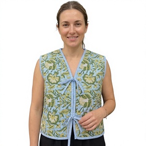 Gilet matelassé 100 % coton réversible sans manches, imprimé floral, léger, fait main, à nouer sur le devant, rembourré pour l'hiver - Product Image 2