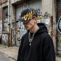 Casquette de baseball vintage noire effet vieilli avec motif flamme dorée, casquette déchirée et usée style « Dad Hat », logo personnalisé, en coton lavé, casquette streetwear