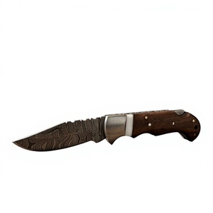 Cuchillo de caza de acero de Damasco con hoja de punta caída, filo dentado, mango de madera y hoja plegable de 0.7mm de grosor - Product Image 1