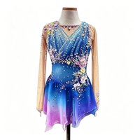 Robe de performance pour filles et enfants, à manches longues, en maille dégradé bleu-violet, avec applique de strass et dos nœud, col en V, pour patinage artistique