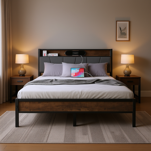 <b>Queen</b> <b>Size</b> <b>Bed</b> <b>Frame</b> With Storage Headboard Charging Station Vintage Brown Gray Solid Wood Steel <b>Frame</b> No Box Spring Needed - Product Image 2