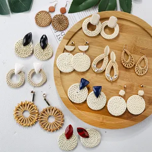 27 Style Korea Handmade Wooden Straw Braid Drop Earrings, Eco Wood Flower Bamboo Pearl Shell Rattan Earring For Women