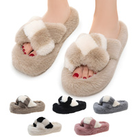 Pantoufles d'intérieur épaisses à bout ouvert pour femmes, color-block, avec logo personnalisé, chaudes et douillettes pour l'hiver, pour la personnalisation OEM en gros