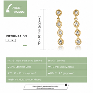 Boucles d'oreilles pendantes à bord ondulé en acier inoxydable plaqué or 14 carats sous vide avec zircon cubique - Product Image 2