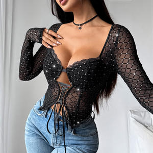 KISS <span class=keywords><strong>ME</strong></span> ANGEL Débardeur noir sexy pour femme à manches longues, en maille floquée ajourée avec effet de perspective et détails à cordons - Product Image 2