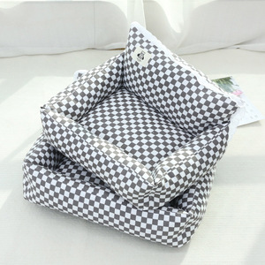 Pet <b>Bed</b> Checkered Square Design With <b>Backrest</b> <b>For</b> Dogs Cat Puppy Sofa <b>Bed</b> Hand Wash Polyester Material - Product Image 1