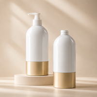 Flacon cosmétique PET 500 ml avec pompe blanche et base dorée, contenant vide de luxe pour shampoing, après-shampoing, gel douche, lotion – Vente en gros