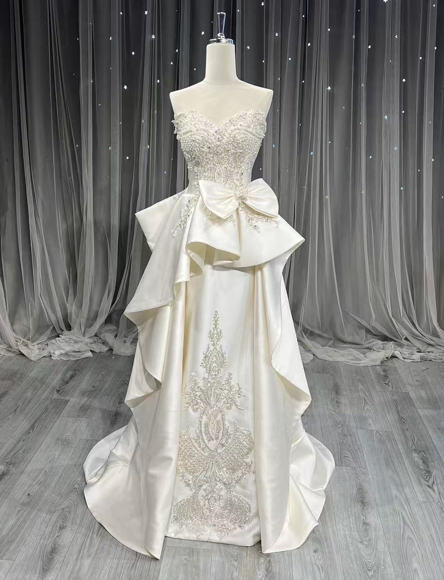 LY-WD0906 Wedding Dresses Bridal Gowns for Brides Mikado Satin a Line French Style Classic Sexy Off-Shoulder Sleeveless