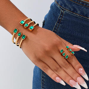ISStapromo Cadeaux Vert Strass Géométrique Ligne Or Réglable Bracelet Anneau Ensemble Femmes Mode Emeraude Bracelet Bracelet Anneau - Product Image 1