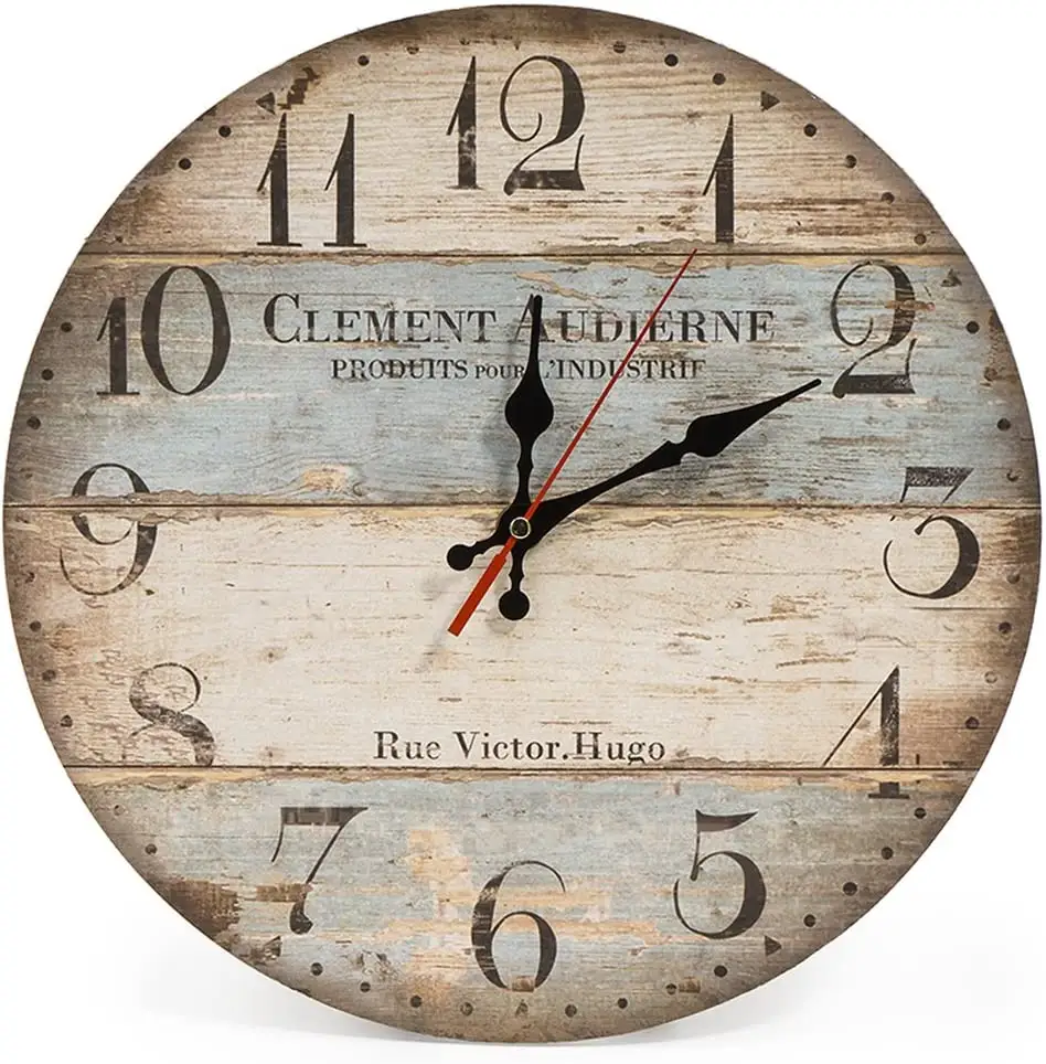 12 Inch Silent Vintage Wooden Round Wall Clock Arabic Numerals Vintage Rustic Chic Style Wooden Round Home Decor Wall Clock (Vic