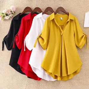 High quality popular styles solid colour short sleeve Turtleneck collar chiffon plus size women blouse shirt top for sale