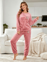 Pyjama d'hiver thermique en flanelle pour femme, 100 % polyester 220g, uni, ODM, avec cordon de serrage, col lisse, tricot doux, motif animalier de dessin animé