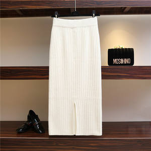 60-80CM Elastis Band Wanita Rok Musim Gugur Musim Dingin Hangat Rajutan Lurus Rok Bergaris Bergaris Mid-Rok Panjang - Product Image 4