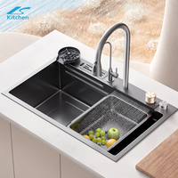 Rinceur d'évier de cuisine intégré à grand bol unique Installation sous le comptoir en acier inoxydable Pulvérisateur à 3 fonctions avec cascade volante à LED