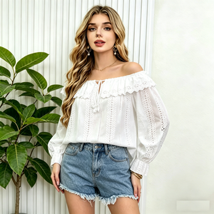 High Quality <strong>Ladies</strong> Sexy Stylish Breathable <strong>Summer</strong> Cotton Long Sleeve Ruffles Casual Italian Wholesale <strong>Blouses</strong> - Product Image 1