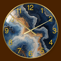 Reloj de Pared Moderno de Vidrio Fluido Azul Dorado, Relojes Colgantes Redondos de Cuarzo Silencioso de Lujo para Sala de Estar, Oficina, Decoración del Hogar