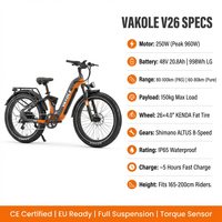 Vakole V26 Bici Elettrica Fat Bike 26" 250W in Lega di Alluminio con Sospensione Completa, Batteria al Litio 36V 20.8Ah per Sentieri di Montagna