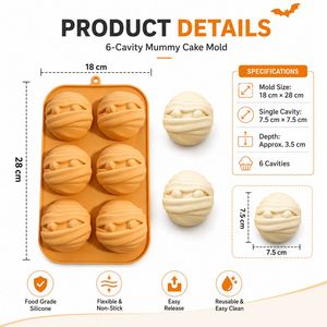 LA Reusable Halloween Mummy Head <b>Silicone</b> Cake Mold <b>Baking</b> Tools 6 Cavity Design Food Grade Certified Safe Eco-Friendly Oven - Product Image 2