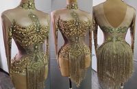 Justaucorps de pole dance en cristal doré à franges, costume de scène, combinaison courte moulante, une pièce pour femme, body en strass