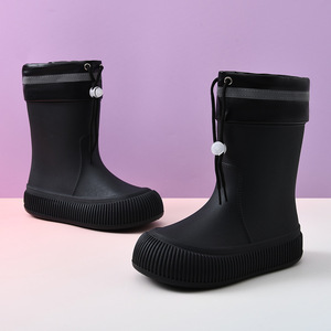 Bottes de pluie pour femmes avec cordon de serrage, mi-mollet, semelle épaisse, imperméables, en caoutchouc, blanc cassé, rose, noir, tailles 36-41, couleur unie - Product Image 3