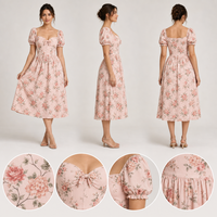 Vestido Midi Floral Rosa Vintage con Escote Corazón, Mangas Abullonadas y Lazo Delantero, Vestido de Verano Fluido, Color OEM ODM para Mujer, Vestido de Vacaciones