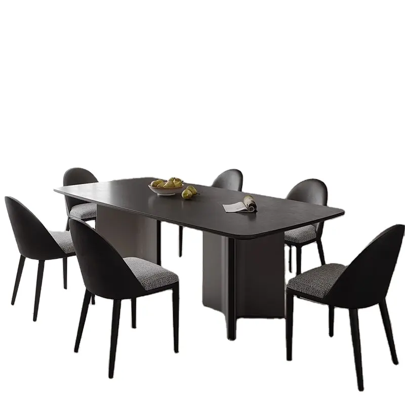 Meja Makan batu Sintered desain populer baja tahan karat furnitur restoran atas lempengan hitam dan putih untuk ruang tamu